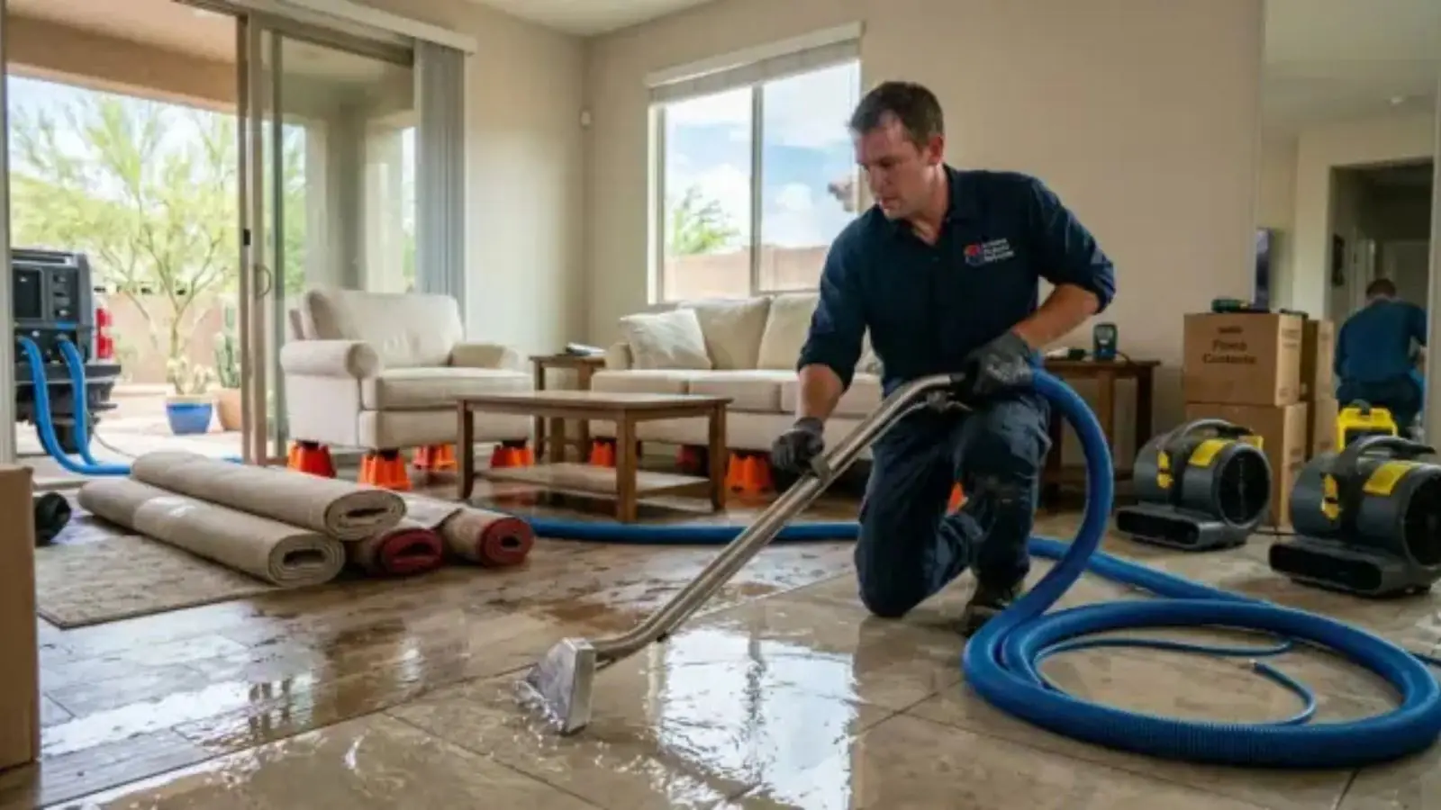 Technician using an extraction wand and blue hose to pull water from a living room floor while air movers run nearby